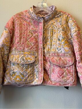 7 For All Mankind Womens Pink Paisley Patchwork Quilted Cropped Jacket Sz Large